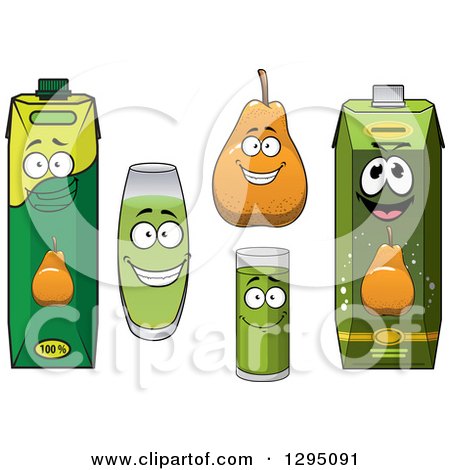 Clipart of a Happy Pear Character, Cups and Juice Cartons - Royalty Free Vector Illustration by Vector Tradition SM