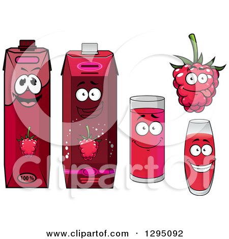 Clipart of a Happy Raspberry Character, Cups and Juice Cartons - Royalty Free Vector Illustration by Vector Tradition SM