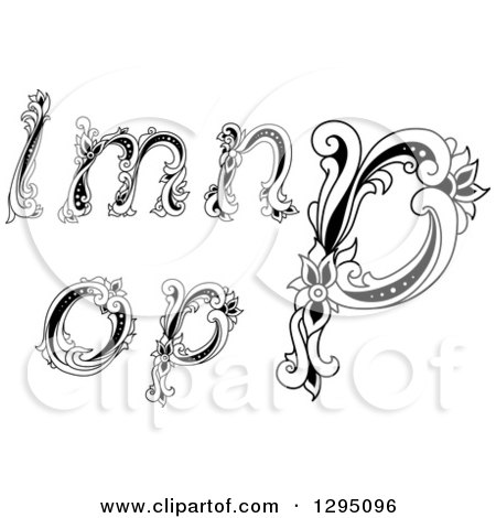 Clipart of Black and White Vintage Lowercase Floral Letters L, M, N, O and P - Royalty Free Vector Illustration by Vector Tradition SM