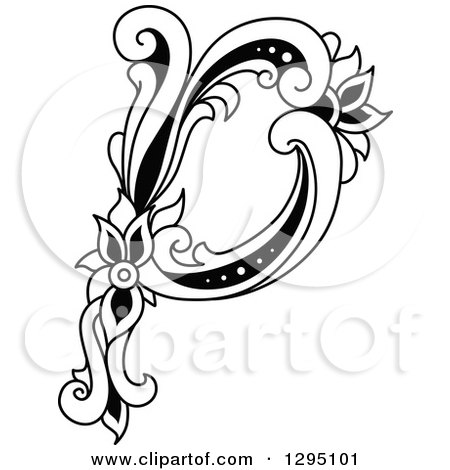 Clipart of a Black and White Vintage Lowercase Floral Letter P - Royalty Free Vector Illustration by Vector Tradition SM