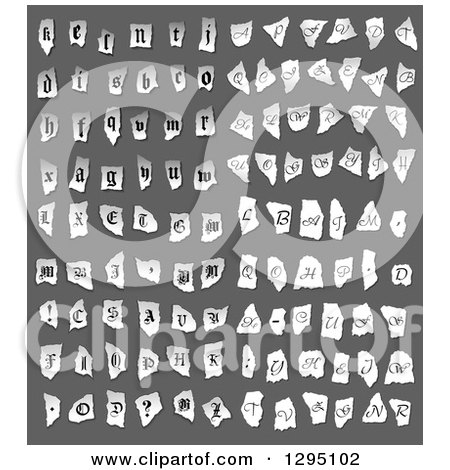 Clipart of Grayscale Torn Piece of Paper with Alphabet Letters - Royalty Free Vector Illustration by Vector Tradition SM