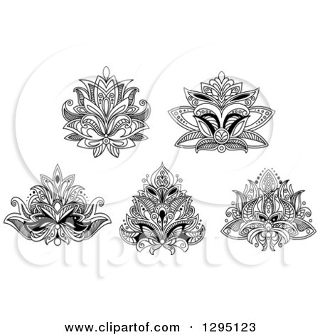 Clipart of Black and White Henna Lotus Flowers 4 - Royalty Free Vector Illustration by Vector Tradition SM