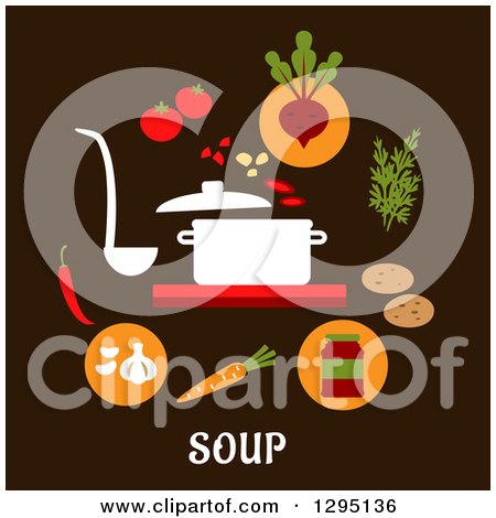 Clipart of a Soup Pot and Ingredients over Text on Brown - Royalty Free Vector Illustration by Vector Tradition SM