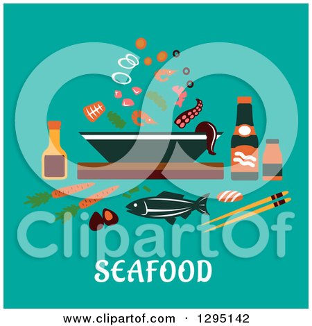 Clipart of a Bowl of Seafood and Ingredients with Text on Turqoise - Royalty Free Vector Illustration by Vector Tradition SM
