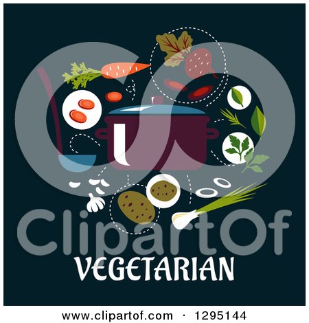 Clipart of a Pot with Produce over Vegetarian Text on Dark Blue - Royalty Free Vector Illustration by Vector Tradition SM