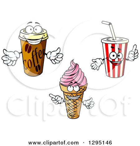 Clipart of Cartoon Coffee, Ice Cream and Fountain Soda Characters - Royalty Free Vector Illustration by Vector Tradition SM