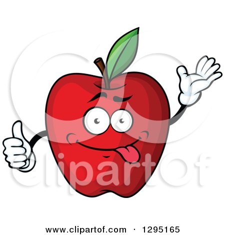 Clipart of a Cartoon Goofy Red Apple Character Waving and Giving a Thumb up - Royalty Free Vector Illustration by Vector Tradition SM