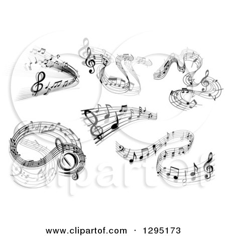 Clipart of Grayscale Flowing Music Note Wave Designs 5 - Royalty Free Vector Illustration by Vector Tradition SM