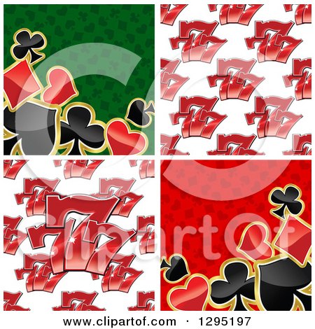 Clipart of Seamless Casino Lucky Triple Seven Patterns and Playing Card Suit Backgrounds - Royalty Free Vector Illustration by Vector Tradition SM
