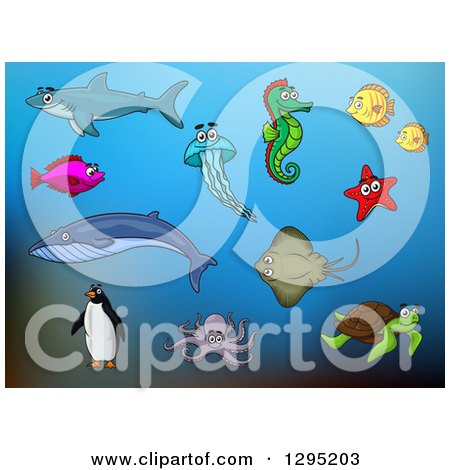 Clipart of Sea Creatures over Blue - Royalty Free Vector Illustration by Vector Tradition SM