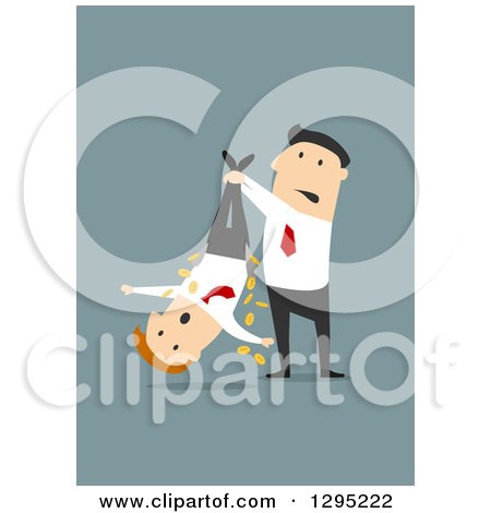 Clipart of a Flat Modern White Businessman Shaking Money out of an Employees Pockets, over Blue - Royalty Free Vector Illustration by Vector Tradition SM