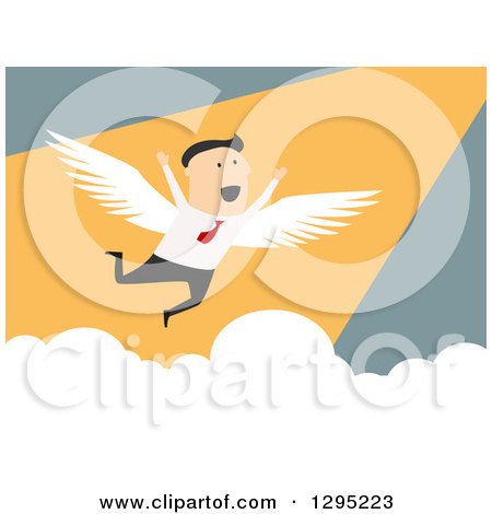 Clipart of a Flat Modern White Businessman Flying and Cheering, over Blue - Royalty Free Vector Illustration by Vector Tradition SM