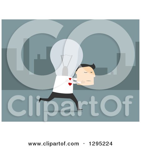 Clipart of a Flat Modern White Businessman with a Light Bulb Head, Carrying His Face, over Blue - Royalty Free Vector Illustration by Vector Tradition SM