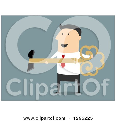 Clipart of a Flat Modern White Businessman Inserting a Key in a Hole, over Blue - Royalty Free Vector Illustration by Vector Tradition SM
