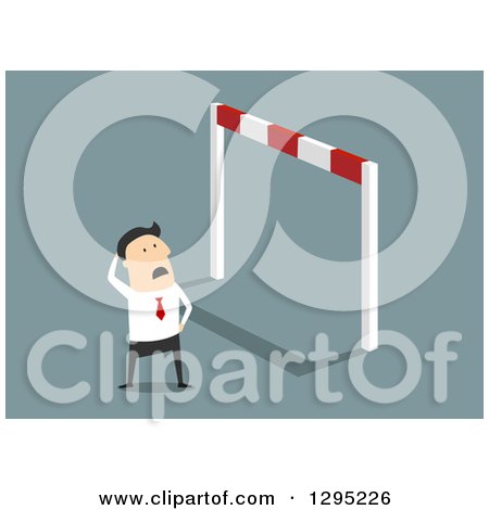 Clipart of a Flat Modern White Businessman Looking up at a Very High Hurdle, over Blue - Royalty Free Vector Illustration by Vector Tradition SM