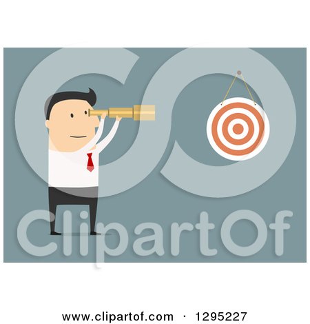Clipart of a Flat Modern White Businessman Viewing a Dart Board with a Telescope, over Blue - Royalty Free Vector Illustration by Vector Tradition SM