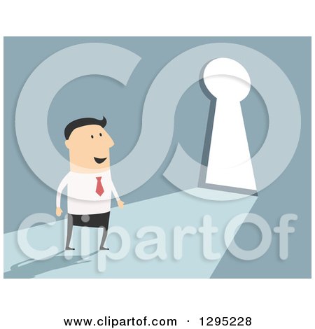 Clipart of a Flat Modern White Businessman Approaching a Key Hole Door, over Blue - Royalty Free Vector Illustration by Vector Tradition SM