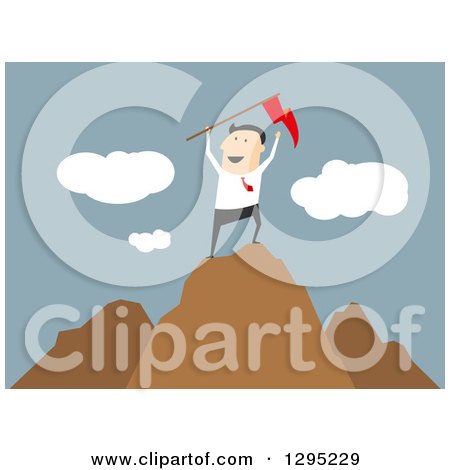 Clipart of a Flat Modern White Businessman Cheering with a Flag on Top of a Mountain, over Blue - Royalty Free Vector Illustration by Vector Tradition SM