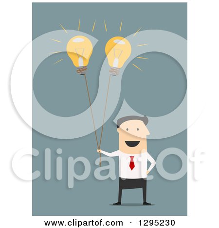 Clipart of a Flat Modern White Businessman Holding Idea Light Bulb Balloons, over Blue - Royalty Free Vector Illustration by Vector Tradition SM
