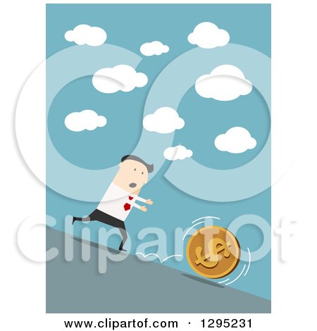 Clipart of a Flat Modern White Businessman Chasing a Coin Downhill, over Blue - Royalty Free Vector Illustration by Vector Tradition SM