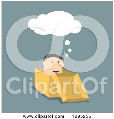 Clipart of a Flat Modern White Businessman Thinking in a Box, over Blue - Royalty Free Vector Illustration by Vector Tradition SM