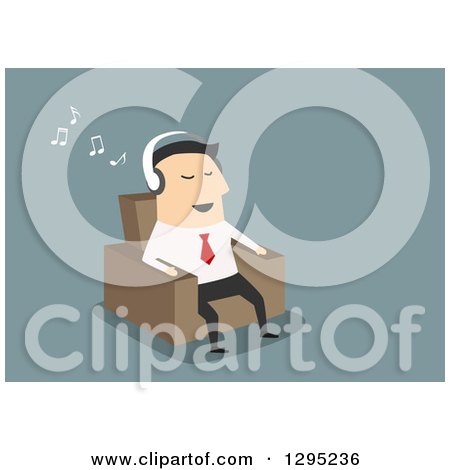 Clipart of a Flat Modern White Businessman Listening to Music and Sitting in a Chair, over Blue - Royalty Free Vector Illustration by Vector Tradition SM