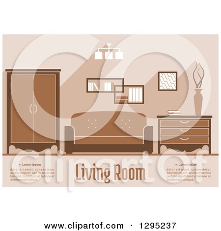 Clipart of a Brown Toned Living Room Interior with Sample Text - Royalty Free Vector Illustration by Vector Tradition SM