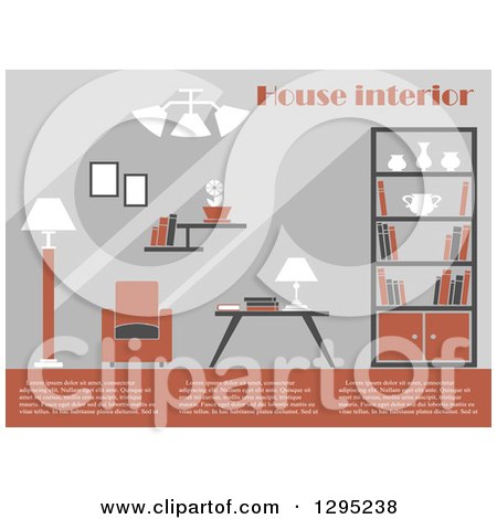 Clipart of a Brown Gray and White Toned Living Room Interior with Sample Text - Royalty Free Vector Illustration by Vector Tradition SM