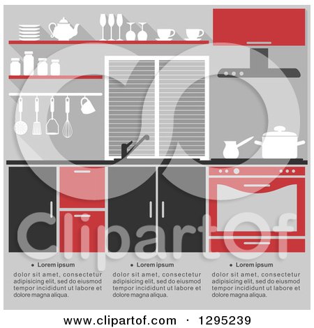 Clipart of a Kitchen Interior with Sample Text in Black Red and Gray Tones - Royalty Free Vector Illustration by Vector Tradition SM