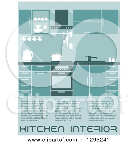 Clipart of a Kitchen Interior with Sample Text in Blue Tones - Royalty Free Vector Illustration by Vector Tradition SM