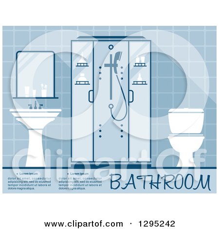 Clipart of a Blue Toned Bathroom Interior with a Sink, Shower, and Toilet with Sample Text - Royalty Free Vector Illustration by Vector Tradition SM
