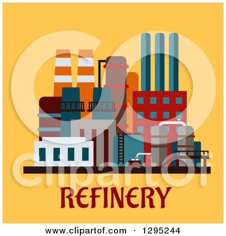 Clipart of a Flat Design Oil Refinery Structure over Text on Yellow - Royalty Free Vector Illustration by Vector Tradition SM