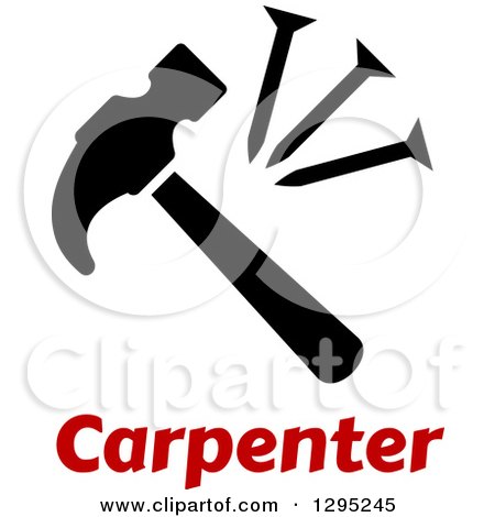 Clipart of a Black Silhouetted Hammer and Nails over Red Carpenter Text - Royalty Free Vector Illustration by Vector Tradition SM