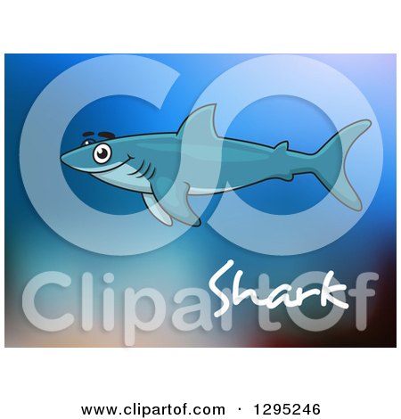 Clipart of a Cartoon Happy Swimming Shark over Text and Blue Blur - Royalty Free Vector Illustration by Vector Tradition SM