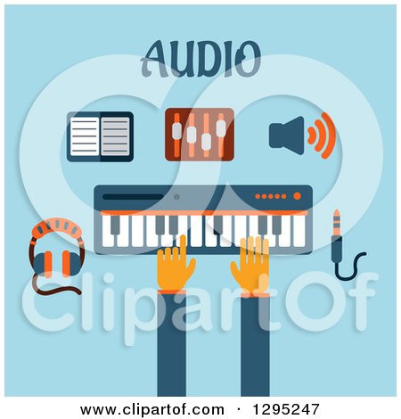 Clipart of a Flat Design of Hands Playing a Keyboard with Music Items and Audio Text on Blue - Royalty Free Vector Illustration by Vector Tradition SM