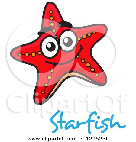 Clipart of a Cartoon Happy Red Starfish over Blue Text - Royalty Free Vector Illustration by Vector Tradition SM