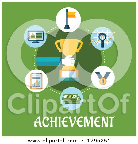 Clipart of a Flat Design Hand Holding a Trophy in a Circle of Icons over Achievement Text on Green - Royalty Free Vector Illustration by Vector Tradition SM