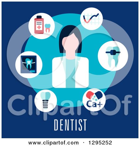 Clipart of a Flat Design of a Dentist and Items on Blue over Text - Royalty Free Vector Illustration by Vector Tradition SM