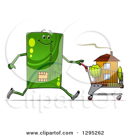 Clipart of a Cartoon Green Credit Card Character Pushing a House in a Shopping Cart - Royalty Free Vector Illustration by Vector Tradition SM