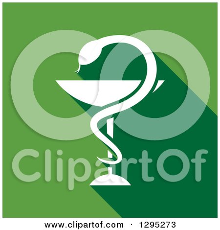 Clipart of a Flat Modern Design of a White Silhouetted Snake and Cup Medical Caduceus on Green - Royalty Free Vector Illustration by Vector Tradition SM