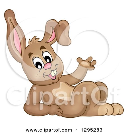 Clipart of a Happy Brown Bunny Rabbit Leaning Back and Waving - Royalty Free Vector Illustration by visekart