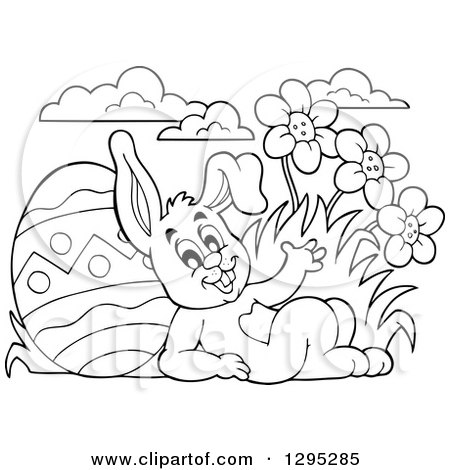 Clipart of a Black and White Easter Bunny Rabbit Waving and Leaning Against a Giant Easter Egg - Royalty Free Vector Illustration by visekart