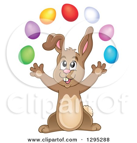 Clipart of a Happy Brown Bunny Rabbit Juggling Colorful Easter Eggs - Royalty Free Vector Illustration by visekart