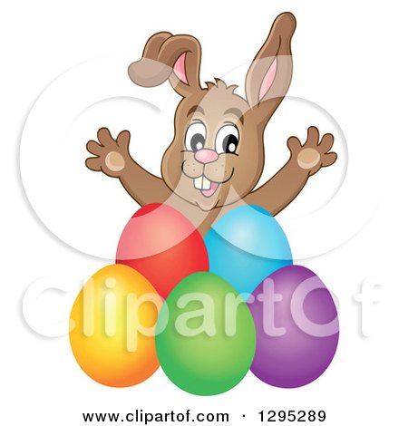 Clipart of a Happy Brown Easter Bunny Rabbit Popping out Behind Colorful Easter Eggs - Royalty Free Vector Illustration by visekart