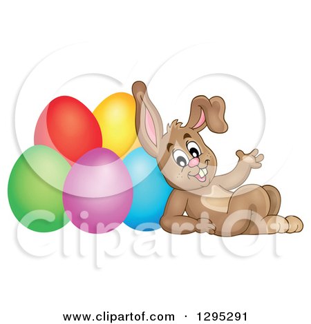 Clipart of a Brown Easter Bunny Rabbit Waving and Leaning Against Colorful Easter Eggs - Royalty Free Vector Illustration by visekart