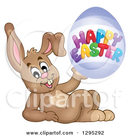 Clipart of a Brown Bunny Rabbit Leaning Back and Holding a Happy Easter Egg - Royalty Free Vector Illustration by visekart