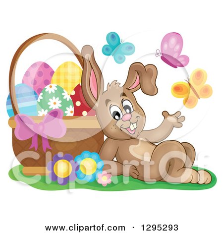 Clipart of a Happy Brown Easter Bunny Rabbit Resting Against a Basket of Eggs, with Butterflies - Royalty Free Vector Illustration by visekart