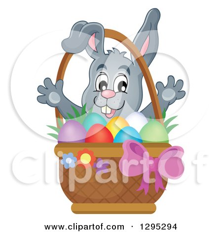 Clipart of a Happy Gray Easter Bunny Popping out from Behind a Basket of Eggs - Royalty Free Vector Illustration by visekart