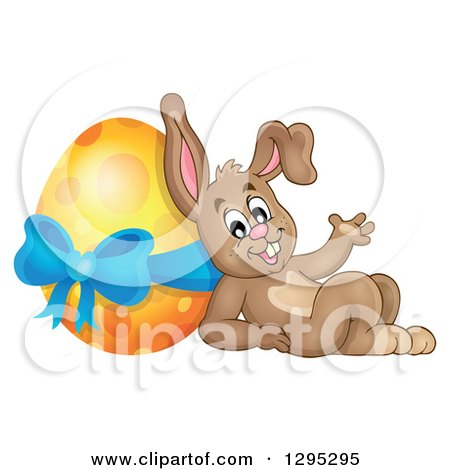 Clipart of a Brown Easter Bunny Rabbit Waving and Leaning Against a Giant Yellow Easter Egg - Royalty Free Vector Illustration by visekart