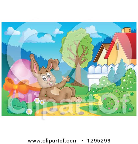 Clipart of a Brown Easter Bunny Rabbit Waving and Leaning Against a Giant Pink Easter Egg, Behind Houses - Royalty Free Vector Illustration by visekart